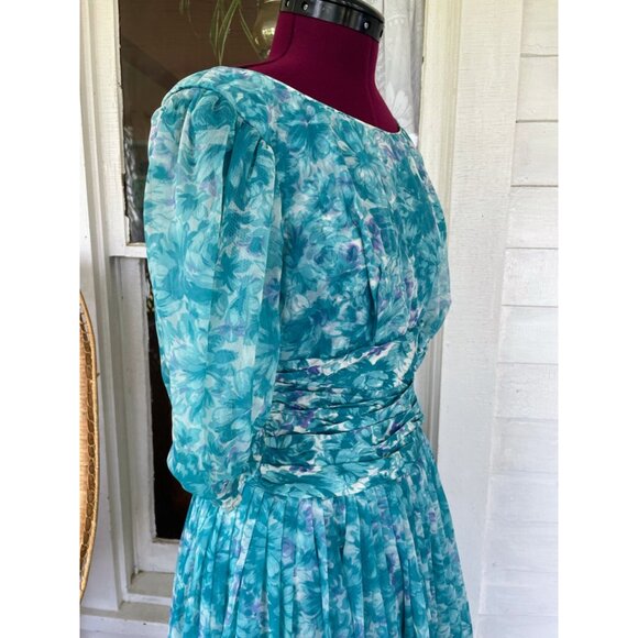 Vintage 1950d Floral  Blue Dress With Puff Sleeves Tulle Puff Skirt Sz Small - Picture 5 of 16